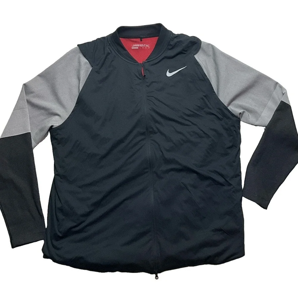 Nike Golf Jacket Mens XXL Black Gray Full Zip Windbreaker Lightweight Mock Neck